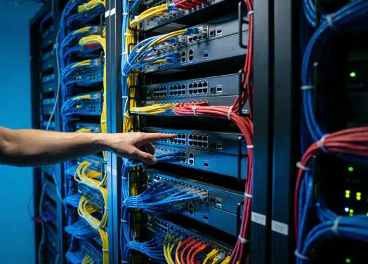 A person’s hand is pointing at a network switch in a server room, surrounded by numerous servers and colorful network cables.