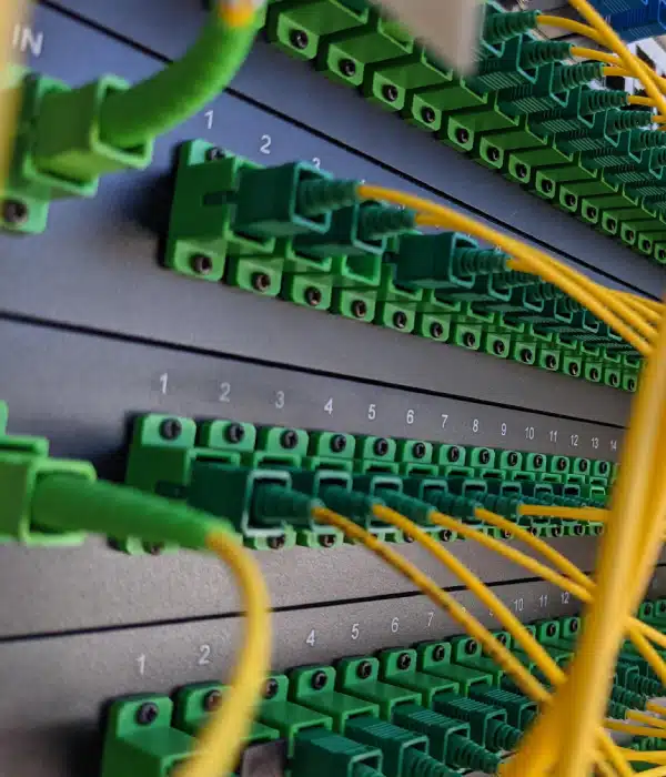 Close-up view of a server rack with multiple green network cable connections and yellow fiber optic cables plugged into labeled ports.