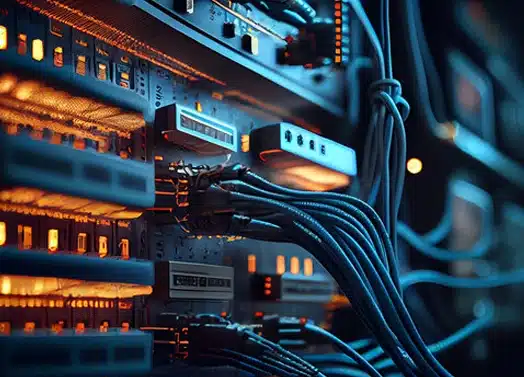 Close-up view of network cables connected to illuminated servers in a dark data center, with glowing orange and blue lights highlighting the technological environment.
