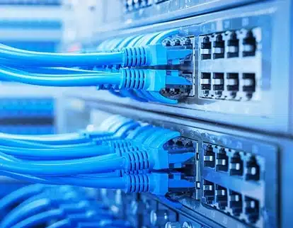 Close-up of multiple blue Ethernet cables plugged into network switches in a server room, illustrating a data or IT network setup.