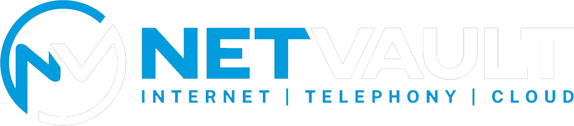 NetVault logo with stylized blue and white "NV" graphic, the words "NETVAULT" where "NET" is in blue and "VAULT" is in white, and “INTERNET | TELEPHONY | CLOUD” in blue below the name.