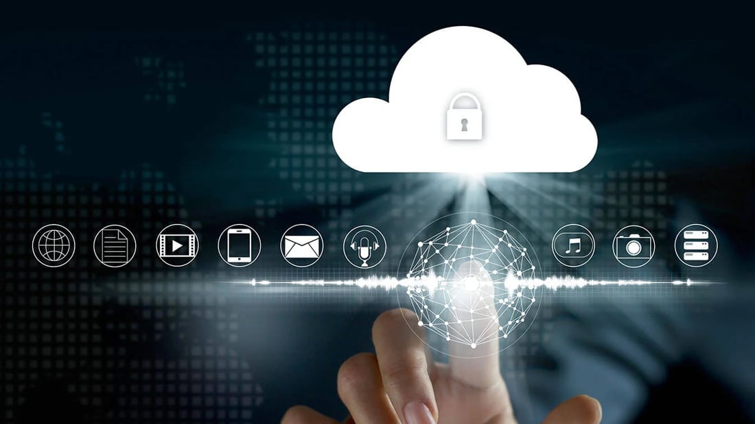 A hand touches a glowing digital network interface, with a central cloud icon featuring a padlock. Icons for various digital services appear in a row below the cloud, symbolizing secure cloud computing and data protection.